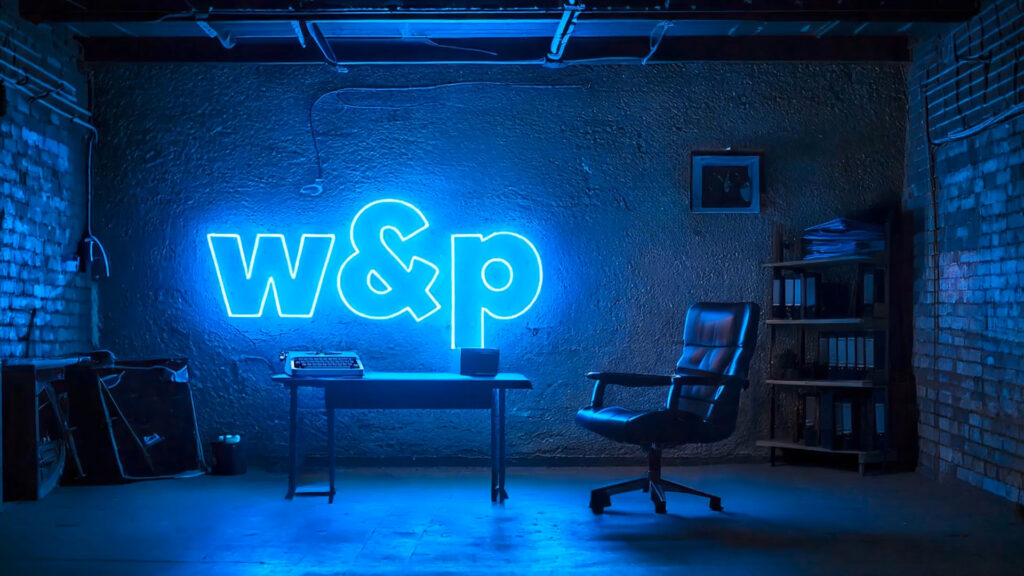 Bürosessel uns Schreibtisch im dunklem Raum mit neon Schild