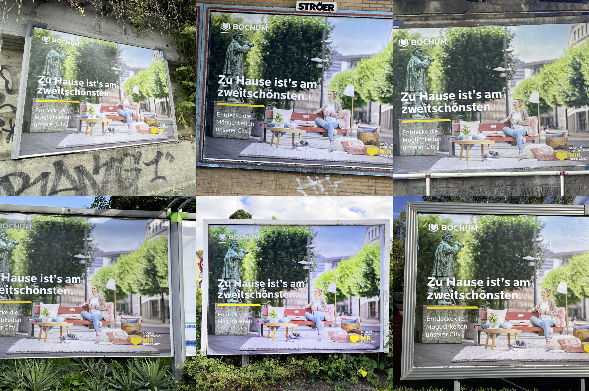 Mehrere großformatige Plakate der Bochum-Kampagne mit dem Motiv „Zu Hause ist’s am zweitschönsten“, das eine Frau auf einer gemütlich eingerichteten Parkbank in der Innenstadt zeigt.