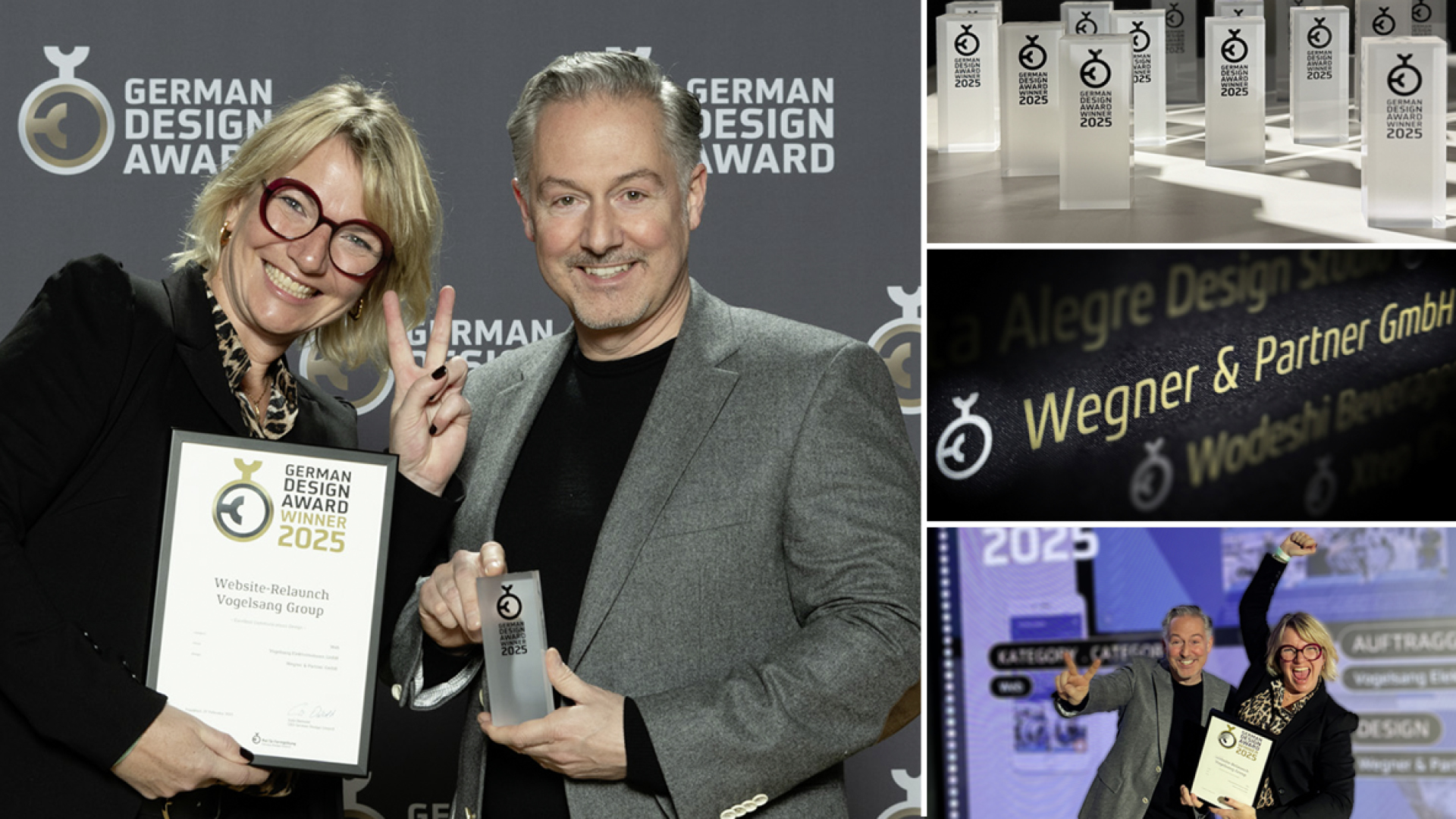 Collage zur Verleihung des German Design Award 2025 an wegner & partner für den Website-Relaunch der Vogelsang Group. Zu sehen sind die Preisträger mit Urkunde und Trophäe sowie Detailaufnahmen der Auszeichnungen.