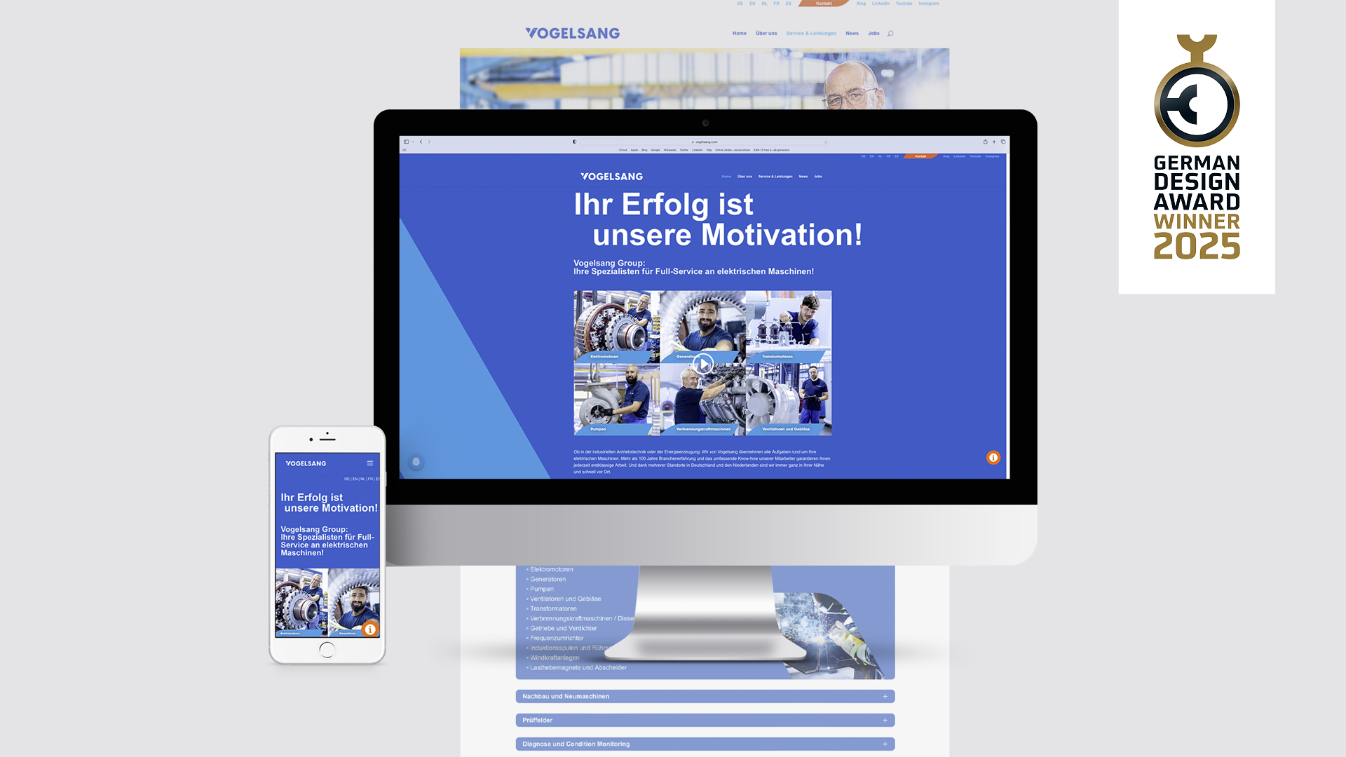 Darstellung der Website der Vogelsang Group auf Computer und Smartphone mit dem Schriftzug „Ihr Erfolg ist unsere Motivation!“. Rechts daneben das Logo des German Design Award 2025 Winner.