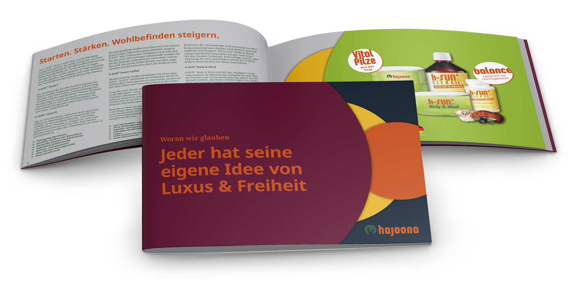 Aufgeschlagenes hajooona-Produktmagazin mit farbenfrohem Design: Auf der Titelseite steht „Jeder hat seine eigene Idee von Luxus & Freiheit“, im Inneren sind Produktinformationen und Bilder der h-SUN+ Linie zu sehen.