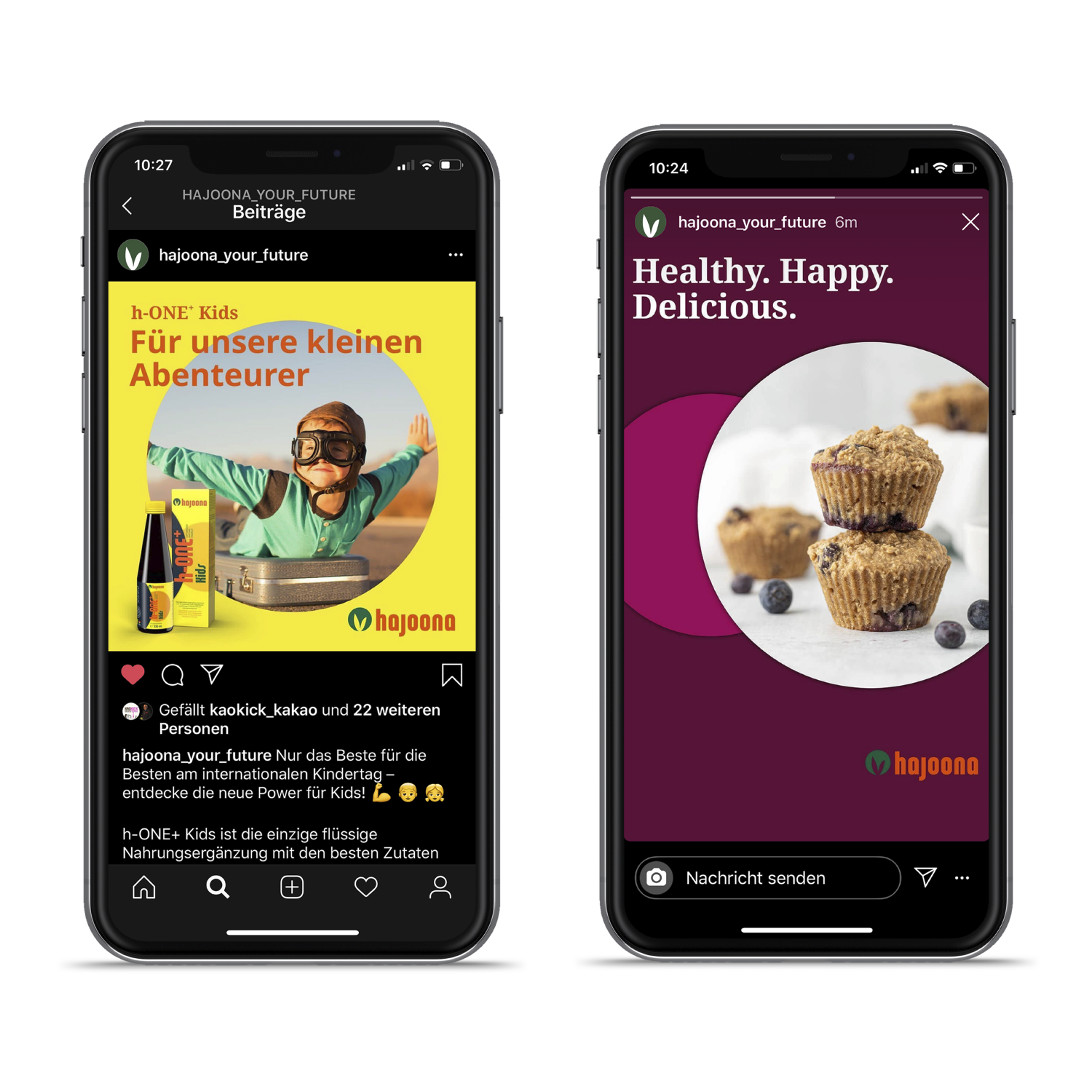 Zwei Smartphones mit gezeigten Instagram-Posts von hajooona: links ein Beitrag mit einem Kind in Fliegerbrille und dem Text „Für unsere kleinen Abenteurer“, rechts eine Story mit Muffins und dem Text „Healthy. Happy. Delicious.“