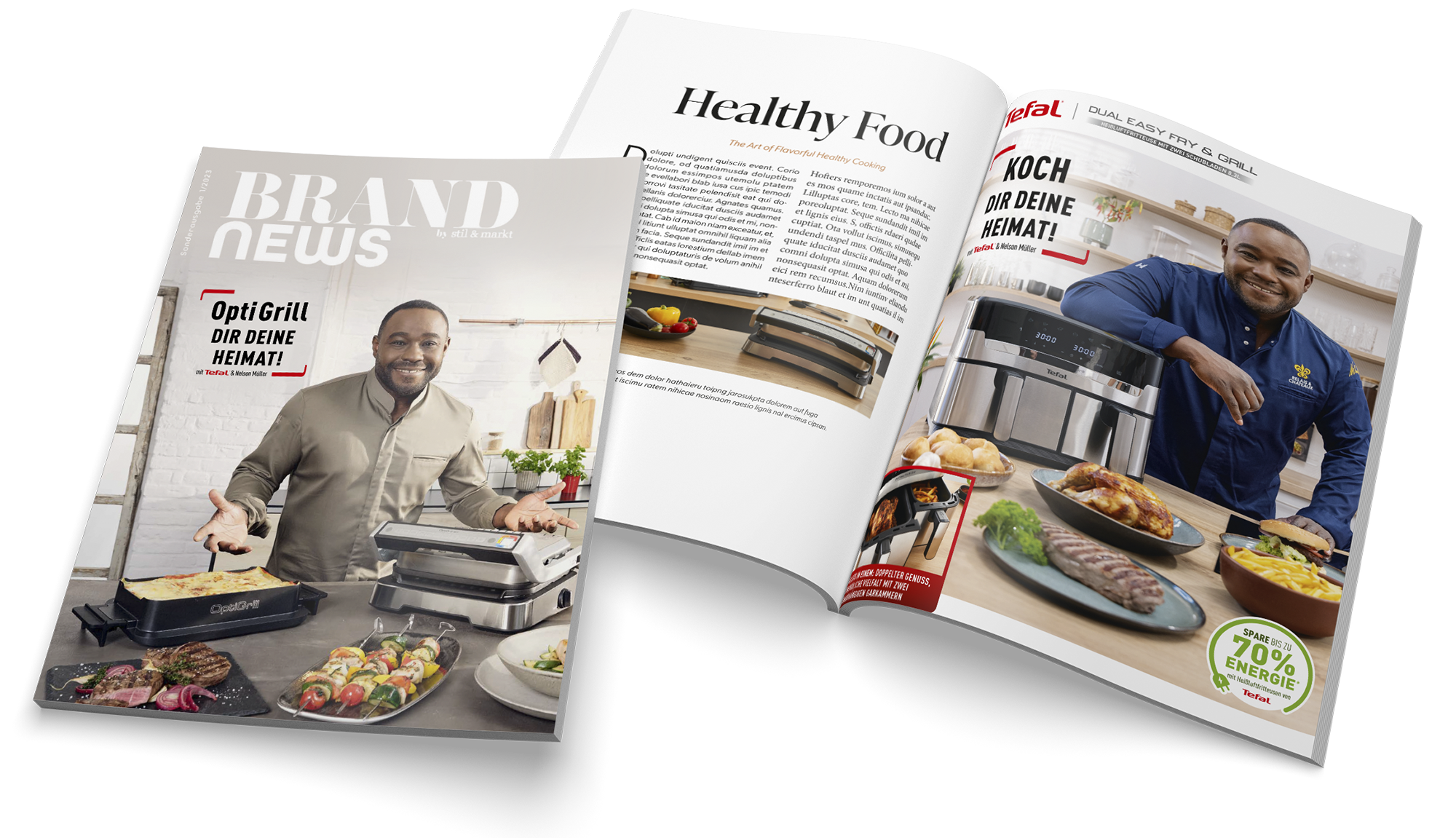 Aufgeschlagenes Magazin mit einer Titel- und Doppelseite, die Nelson Müller beim Präsentieren von Tefal-Küchengeräten und Gerichten zeigt. Auf dem Cover steht „OptiGrill – Dir deine Heimat!“ und im Inneren „Koch dir deine Heimat!“.