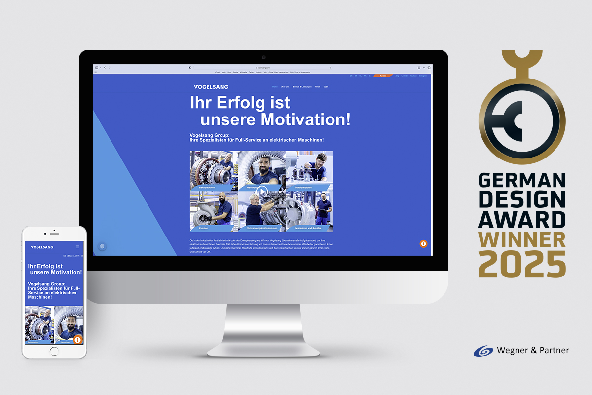 Darstellung einer Website auf Desktop- und Smartphone-Bildschirm mit der Überschrift „Ihr Erfolg ist unsere Motivation!“. Rechts daneben das Logo des German Design Award mit dem Schriftzug „Winner 2025“. Unten das Logo von wegner & partner. Das Bild zeigt die prämierte Webgestaltung für die Vogelsang Group.